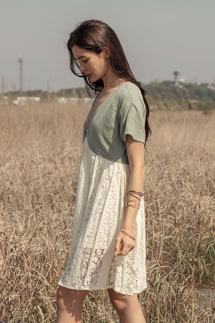 V Neck Color Block Mini Lace Dress Product Image