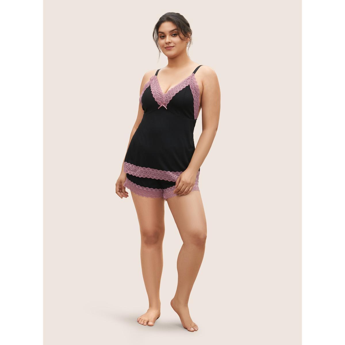Plus Size Patchwork Bowknot Lace Panel Loungewear Set Women Black See through Sleeveless Deep V-neck Lounge Loungewear Sets BloomChic 26/4X Product Image