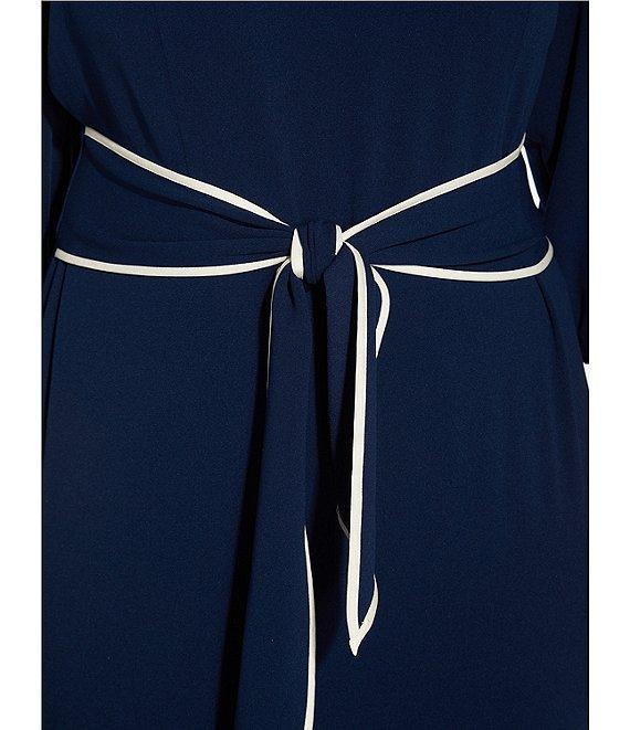 Adrianna Papell Contrasting Trim Boat Neck 3/4 Sleeve Tie Waist Crepe Sheath Dress Product Image