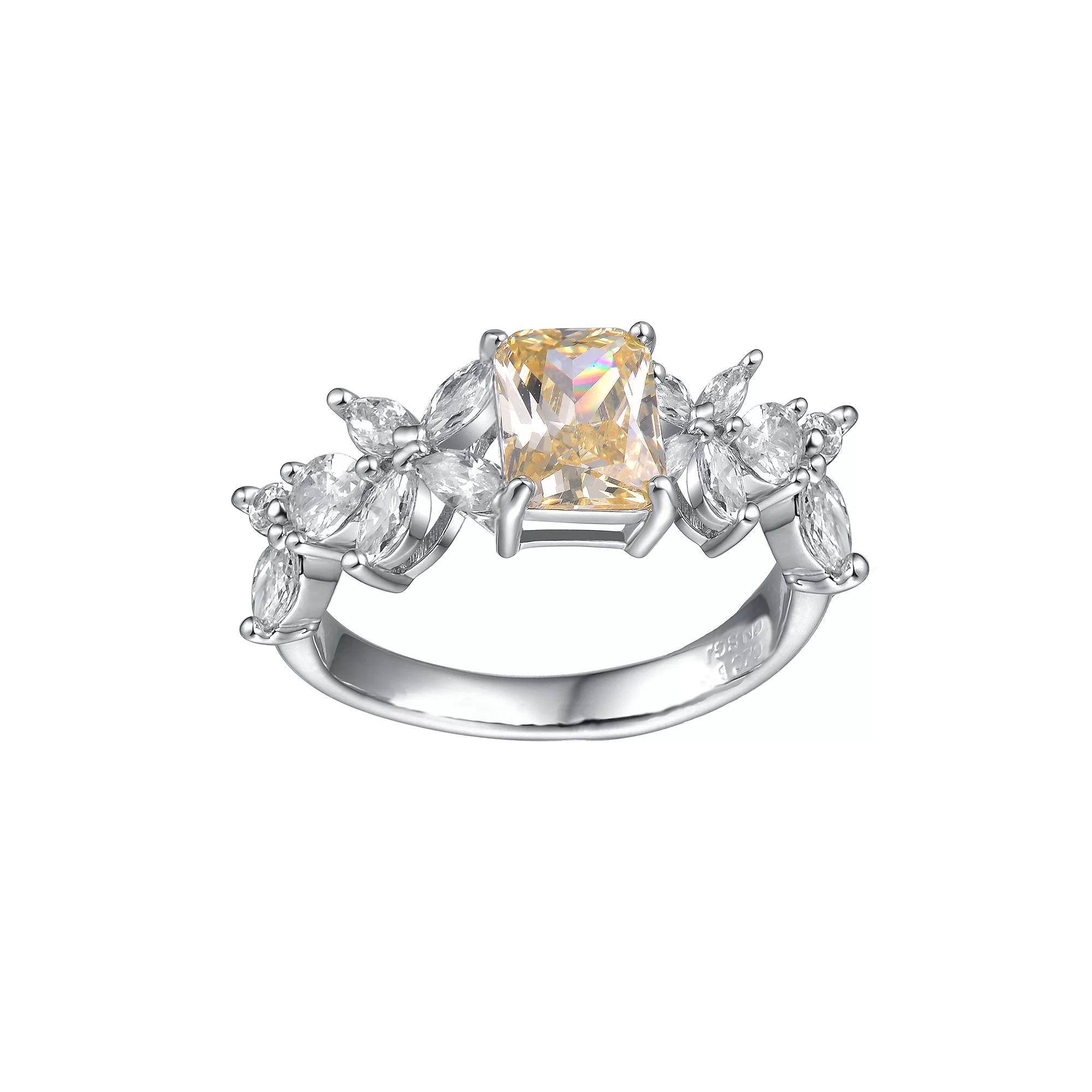 Silver Tone Canary Yellow & White Cubic Zirconia & Diamond Accent Radiant Leaf Trellis Cluster Engagement Ring, Womens Sterling Product Image