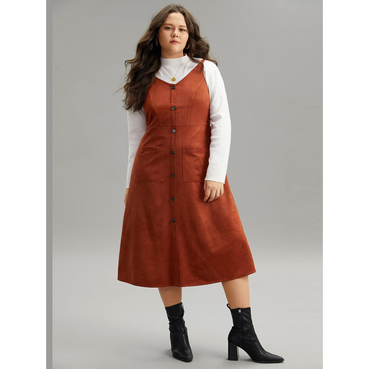 Plus Size Faux Suede Button Detail Patched Pocket Cami Dress Rust Women Elegant Adjustable Straps Spaghetti Strap Sleeveless Curvy Midi Dress BloomChic 14-16/1X Product Image