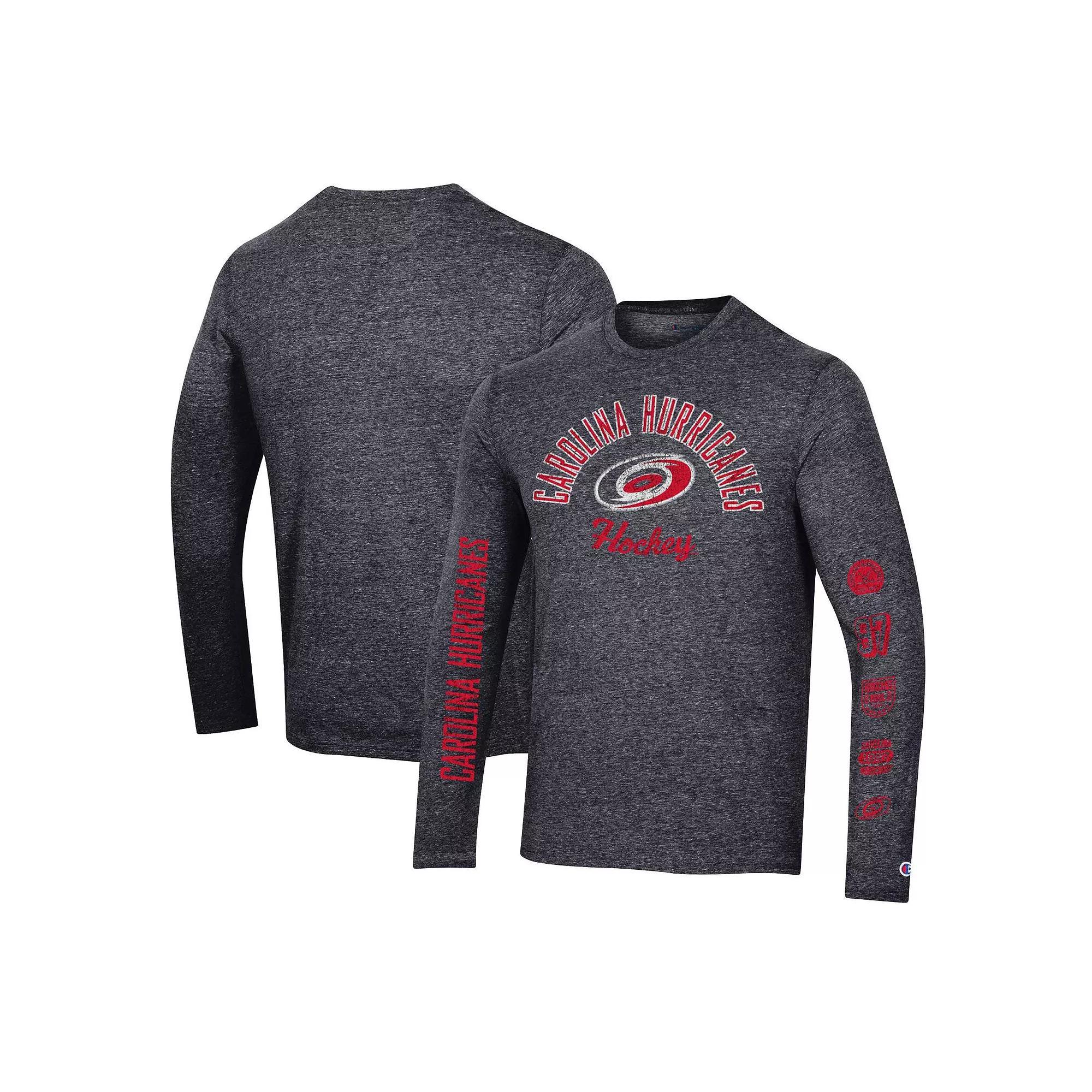 Men's Champion Heather Black Carolina Hurricanes Multi-Logo Tri-Blend Long Sleeve T-Shirt, Size: Small, Charco Product Image