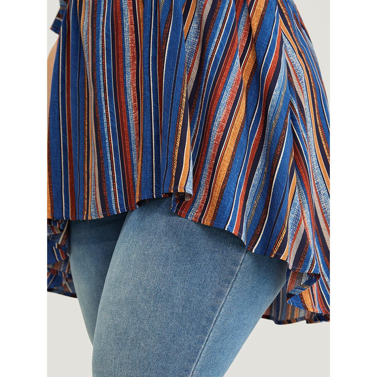 Plus Size Navy Striped Contrast Shirred Wrap High Low Hem Pocket Blouse Women Vacation Short sleeve V-neck Vacation Blouses BloomChic 18-20/2X Product Image