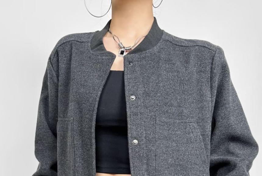 Stand Collar Plain Button-Up Crop Jacket Product Image