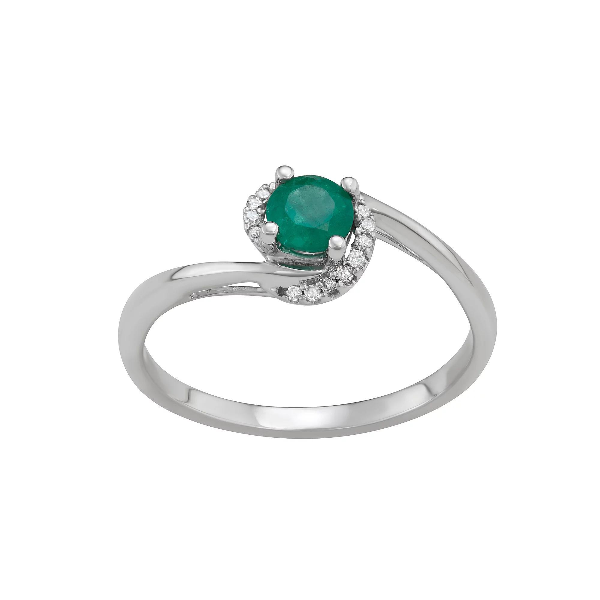 14k White Gold 1/10 Carat T.W. Diamond & Gemstone Bypass Ring, Womens Green Product Image