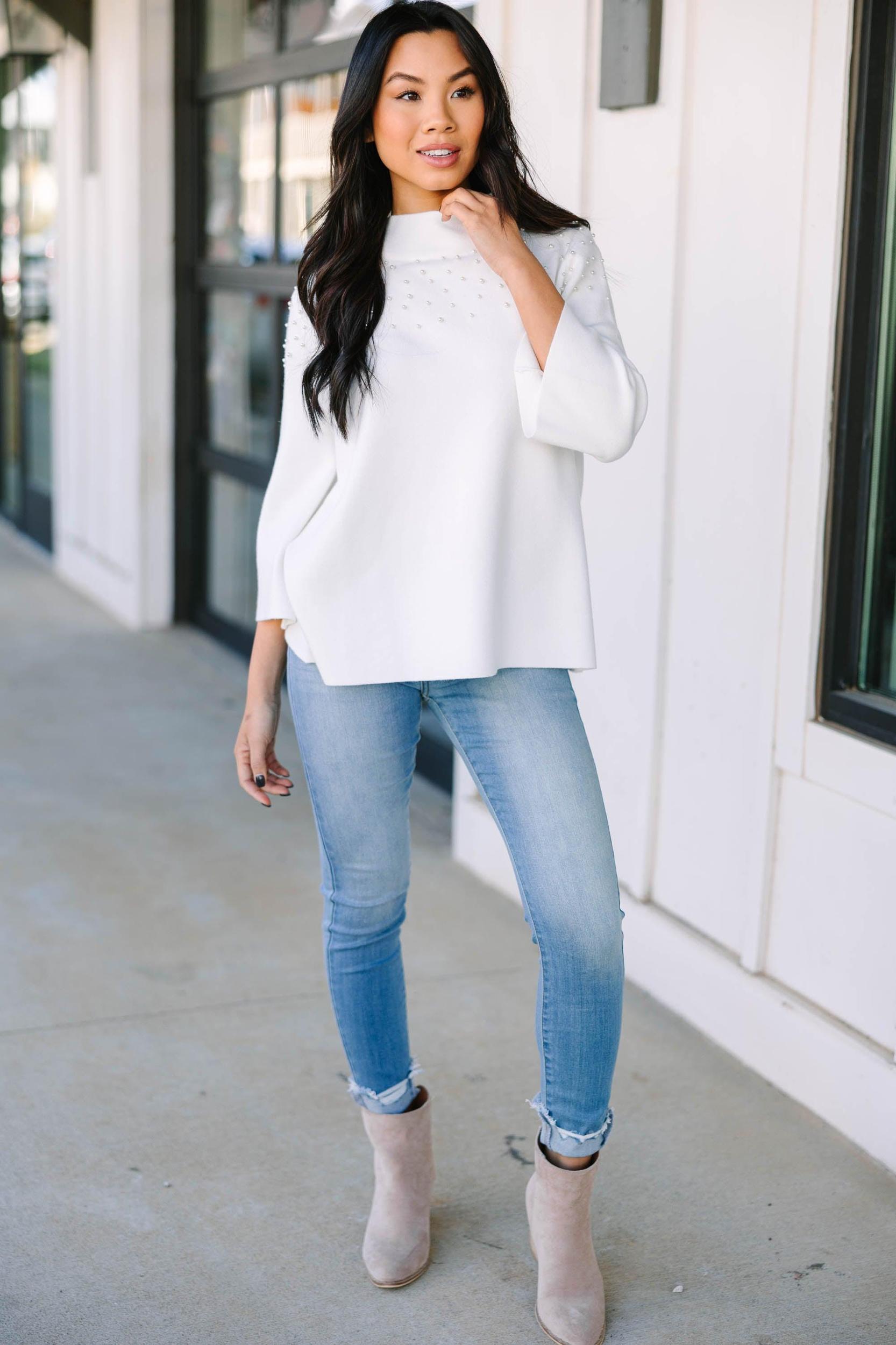 Doing It All Cream White Embellished Sweater Female Product Image