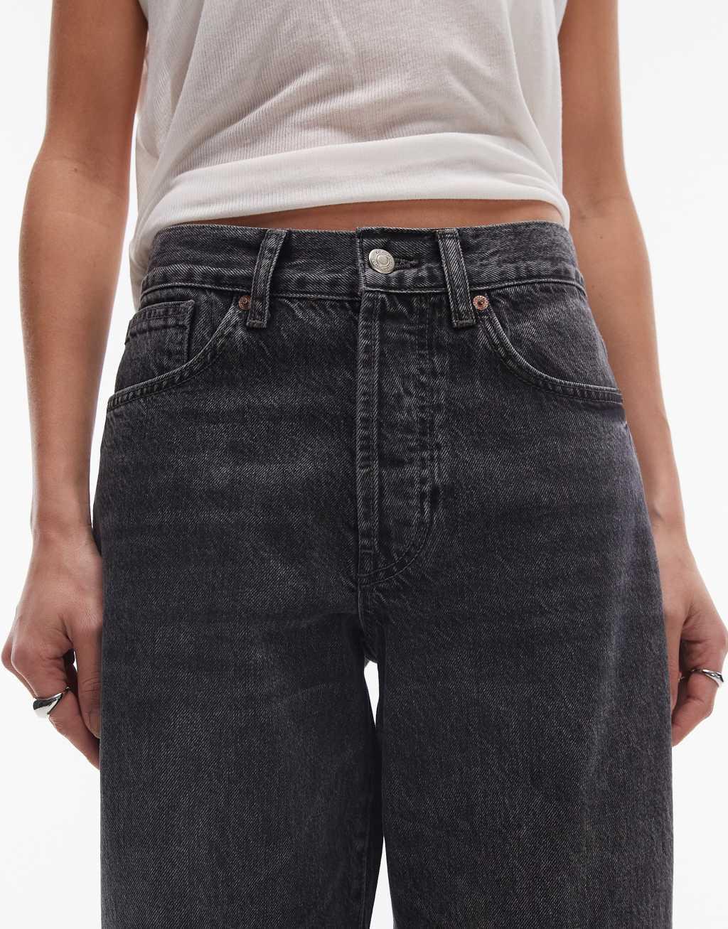 Topshop mid rise loose fit straight jeans in washed black Product Image