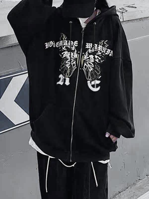 Butterfly Print Fleece Zip Up Oversized Hoodie Product Image