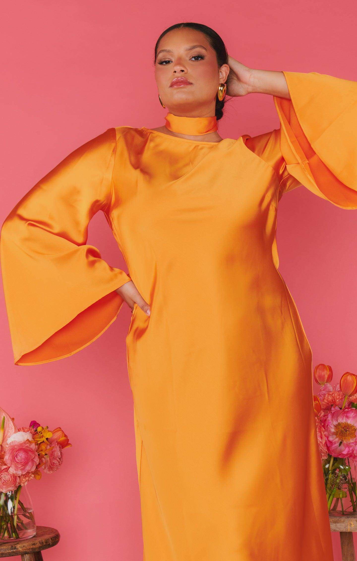 Sarah Midi Dress ~ Tangerine Fluid Satin Product Image