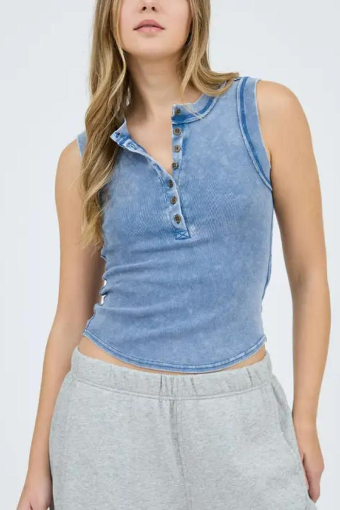 Washed Sleeveless Henley Knit Tank Top Product Image