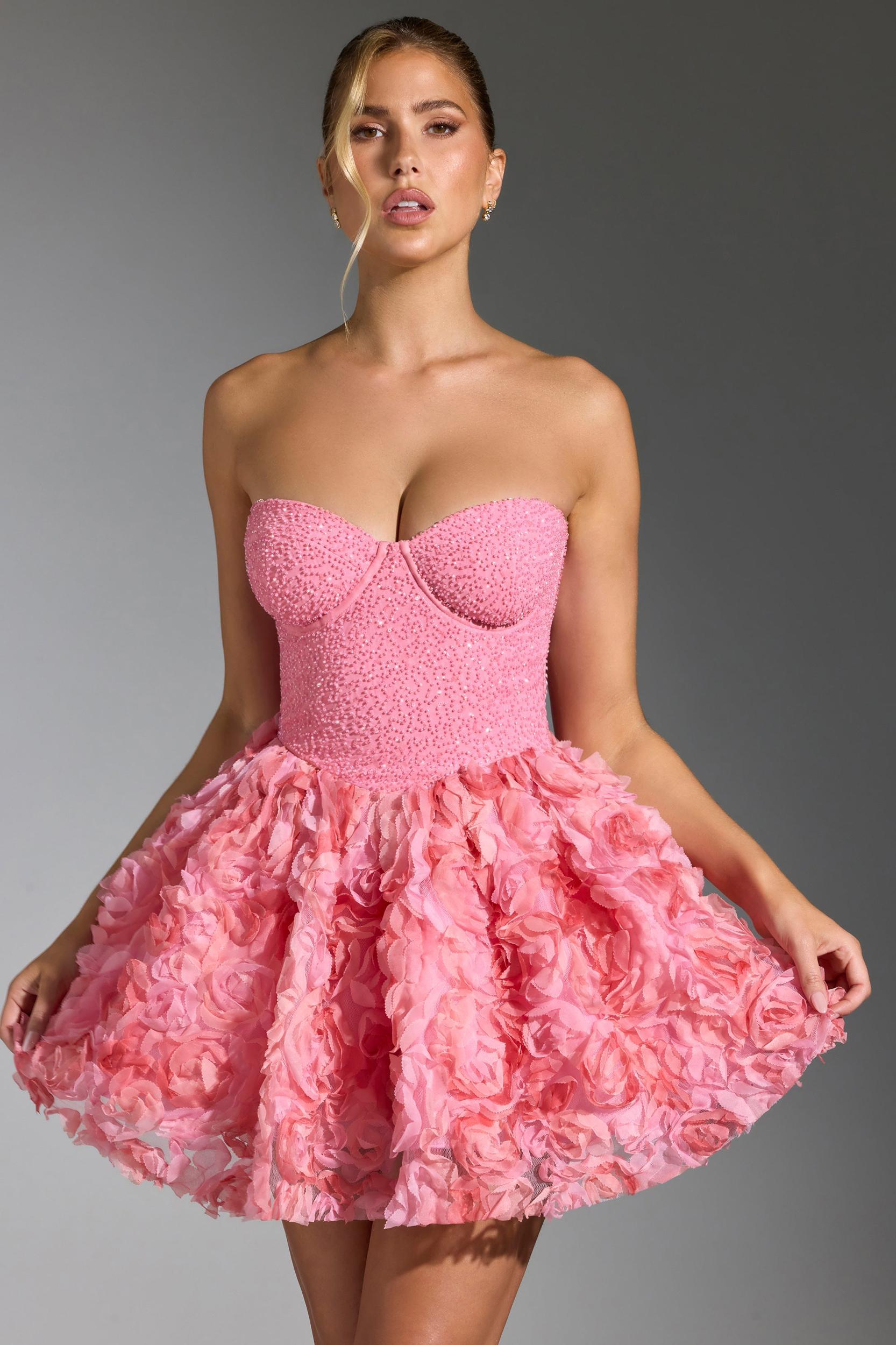 Embellished Floral-Appliqué Lace-Up Mini Dress in Pink Product Image