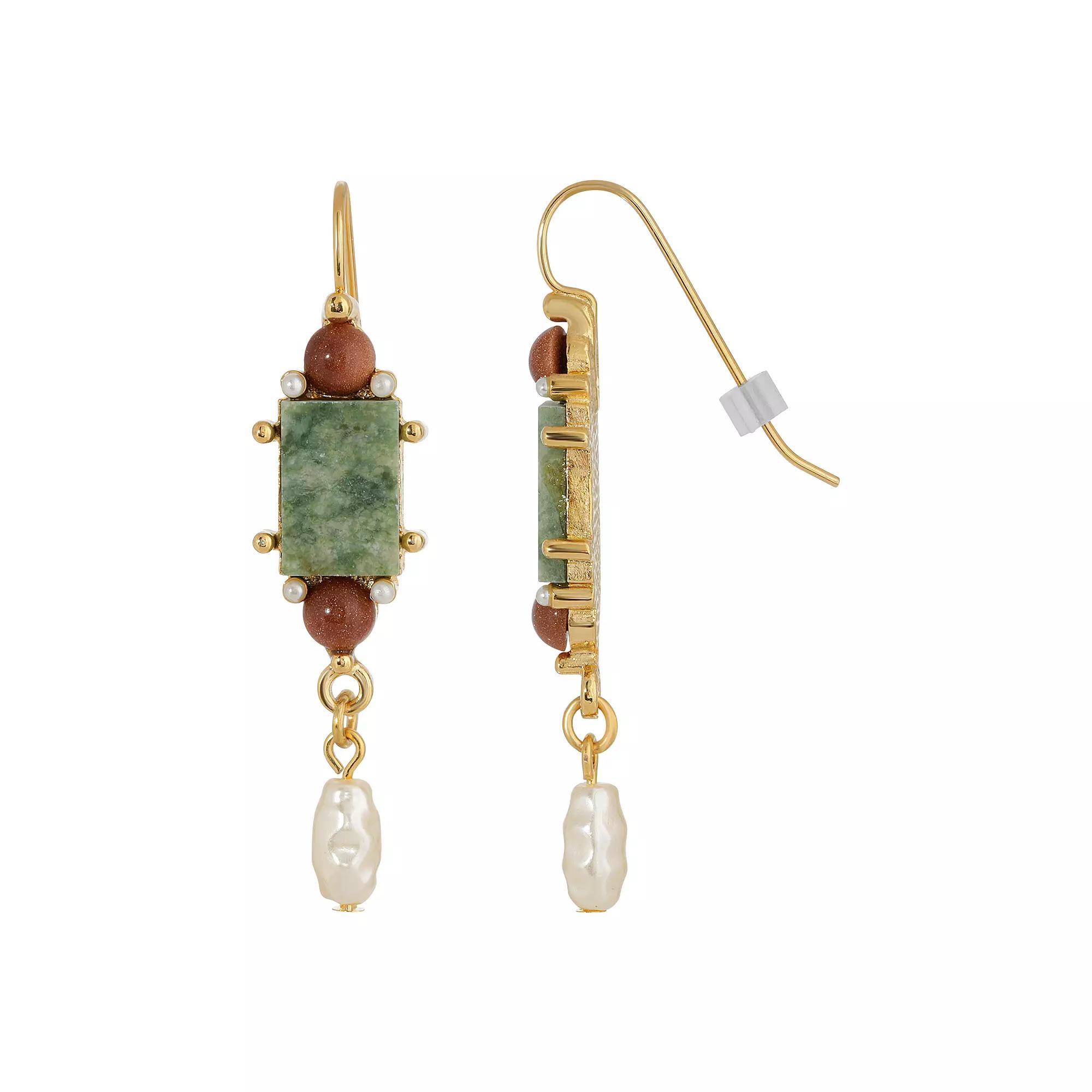 1928 Gold Tone Stone & Simulated Pearl Linear Drop Earrings, Womens, Green Product Image