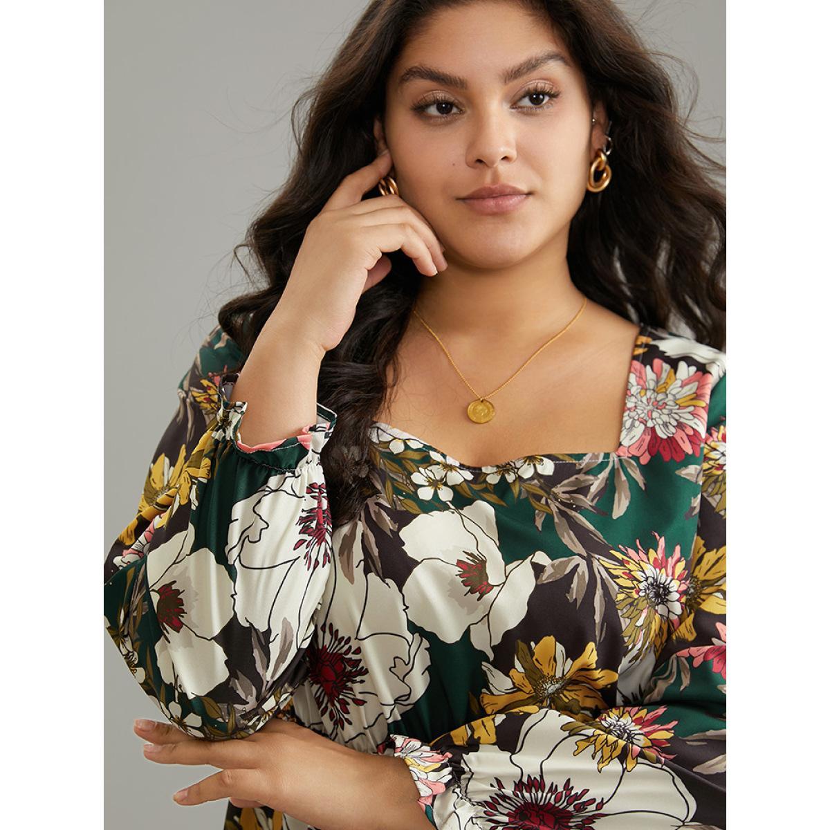 Plus Size DarkGreen Floral Square Neck Gathered Lantern Sleeve Blouse Women Elegant Long Sleeve Square Neck Vacation Blouses BloomChic 18-20/2X Product Image
