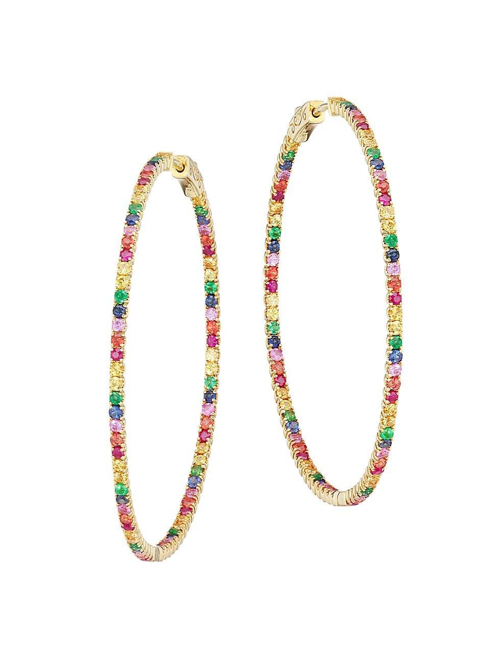 Womens 14K Yellow Gold & Rainbow Sapphire Inside-Out Hoop Earrings Product Image