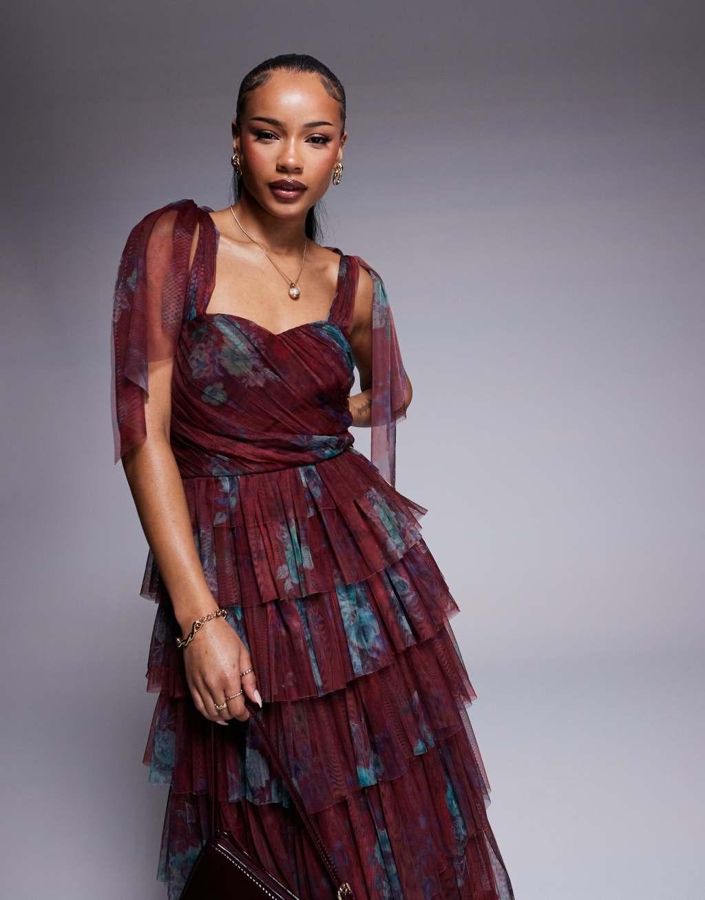 Lace & Beads Petite tiered ruffle midaxi dress in burgundy floral Product Image