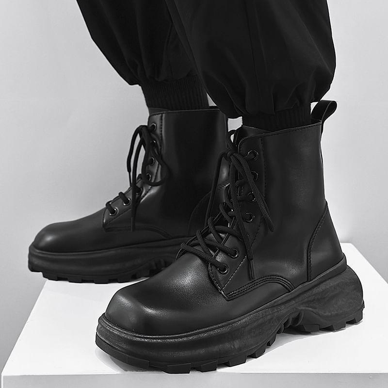 Faux Leather Platform Lace-Up Short Boots Product Image