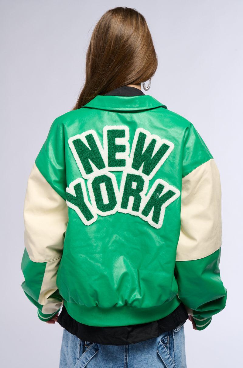 NUEVA YORK VARSITY PATCH FAUX LEATHER BOMBER JACKET Product Image