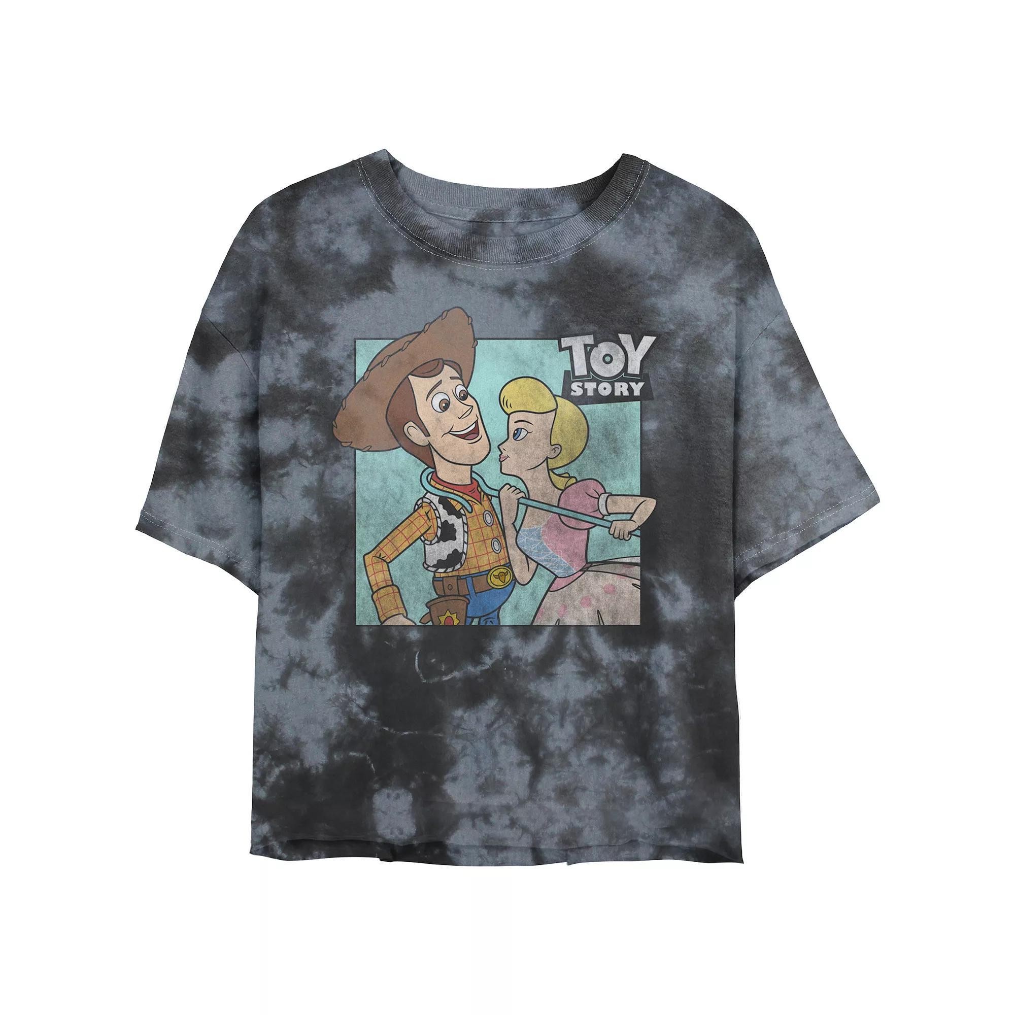 Disney / Pixars Toy Story Woody And Bo Peep About To Kiss Juniors Cropped Graphic Tee Top Bombard Wash Juniors Graphic Tee, Womens Black Grey Product Image
