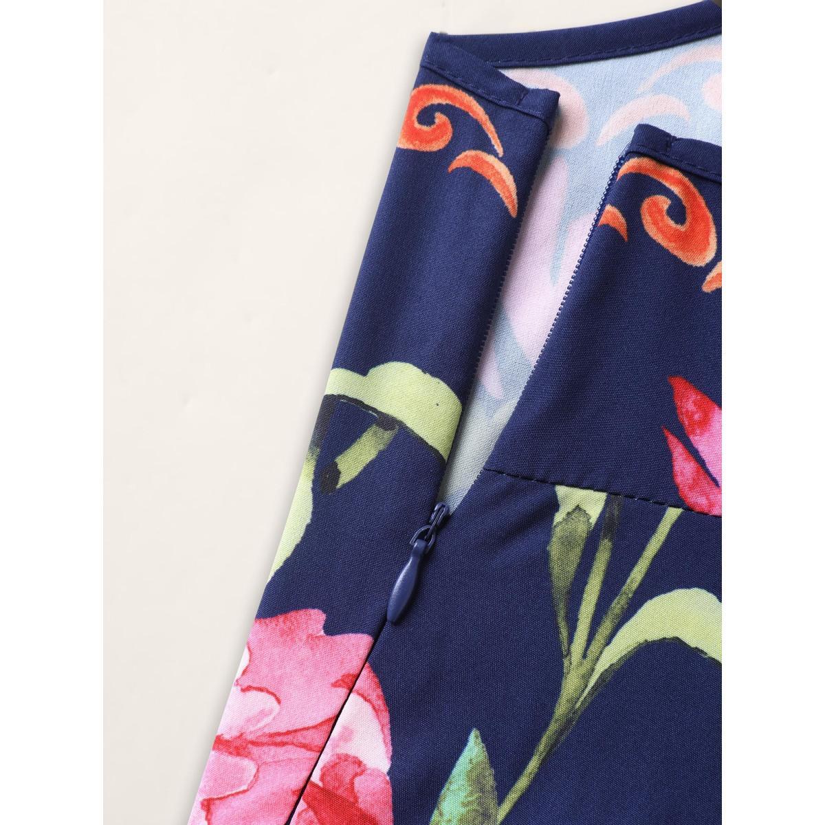Plus Size DarkBlue Tropical Flowers Print Pockets Cami Jumpsuit Women Sleeveless V-neck Vacation Loose Jumpsuits BloomChic 10/M Product Image