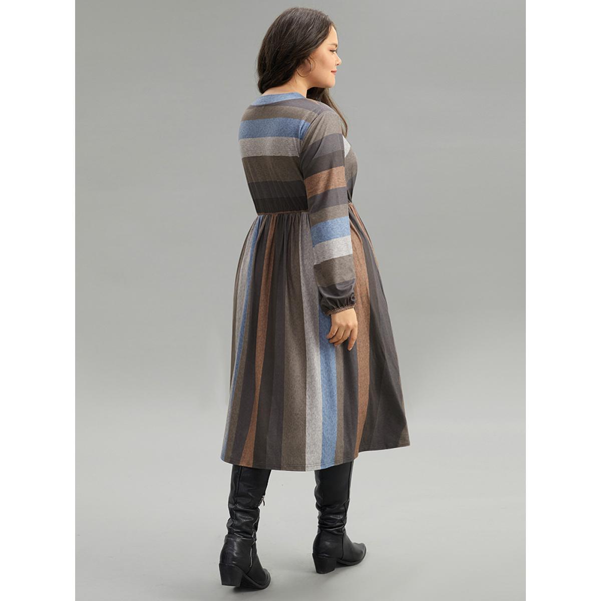 Plus Size Striped Colorblock Contrast Lantern Sleeve Dress Multicolor Women Casual Elastic cuffs Round Neck Long Sleeve Curvy Midi Dress BloomChic 12/L Product Image