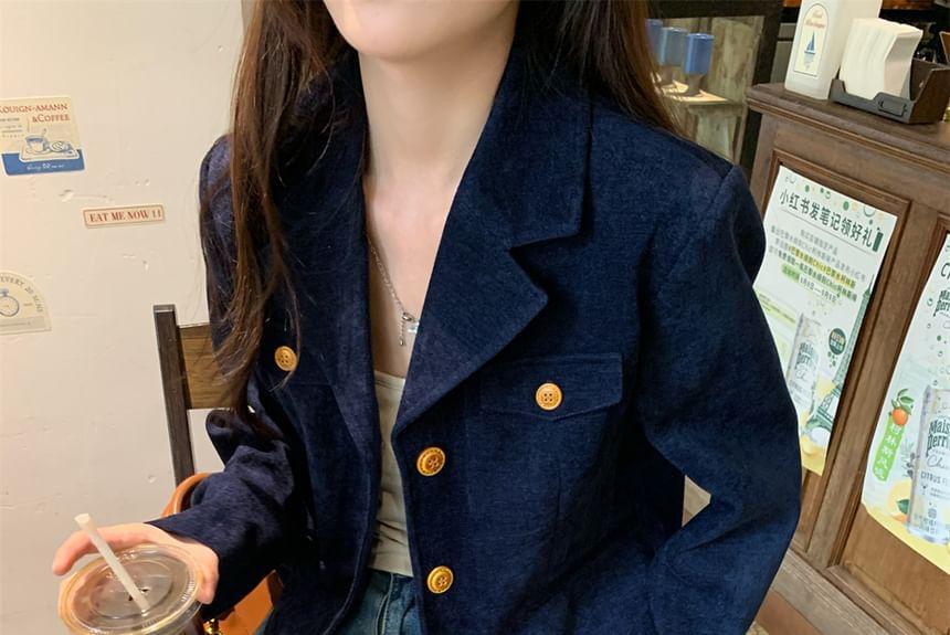 Notch Lapel Plain Single-Breasted Corduroy Crop Blazer Product Image
