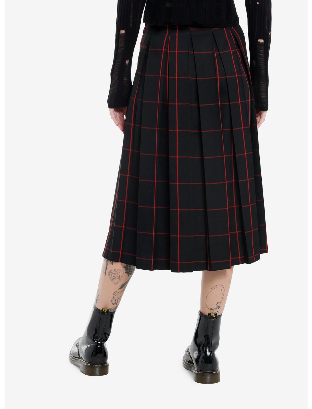 Social Collision Black & Red Windowpane Plaid Pleated Midi Skirt Product Image