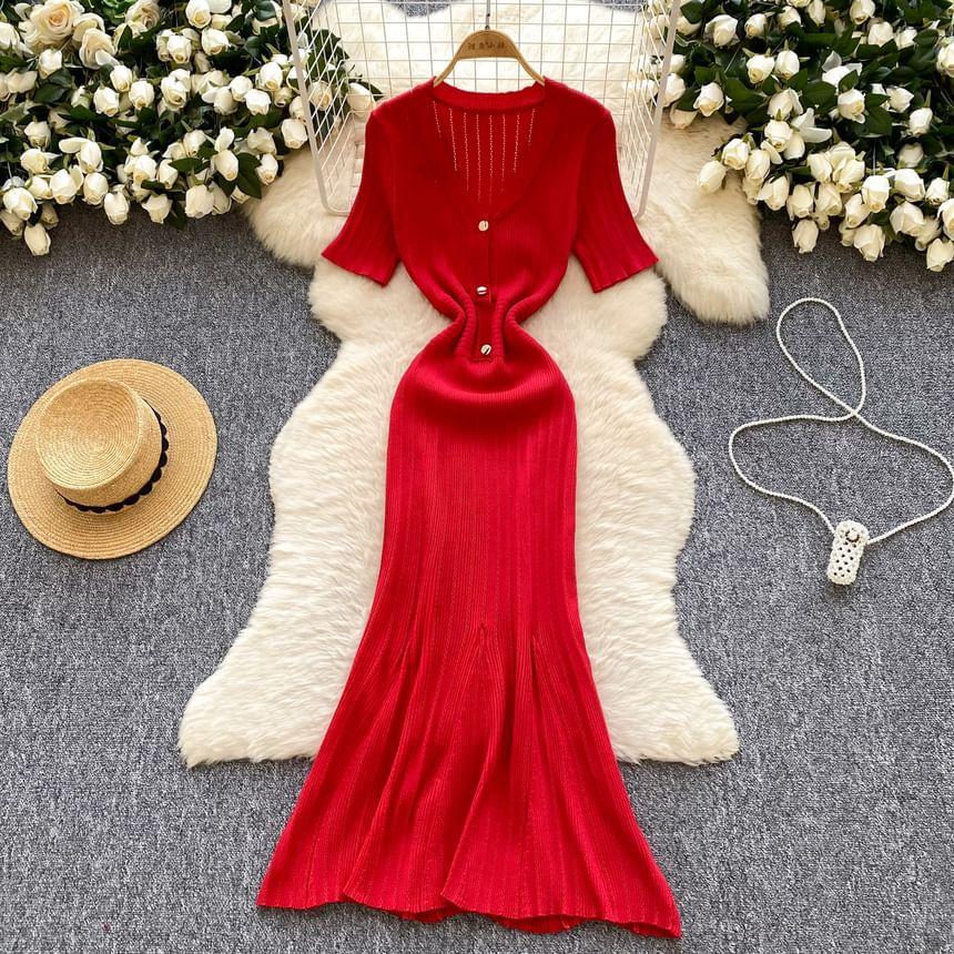 Elbow-Sleeve V-Neck Half-Buttoned Plain Maxi Mermaid Knit Dress Product Image