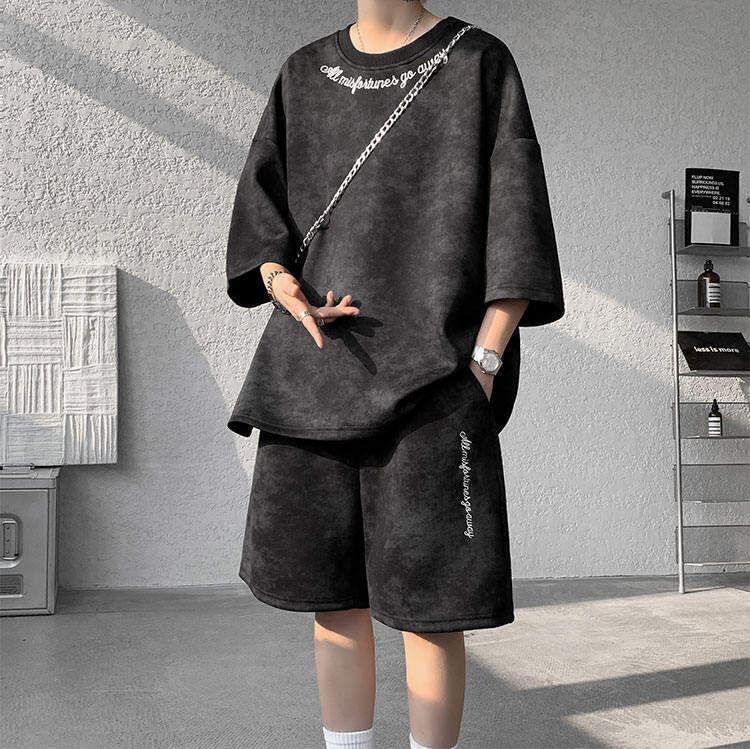 Set: Short Sleeve Round Neck Lettering Embroidered Tie Dye T-Shirt + Elastic Waist Sweat Shorts Product Image