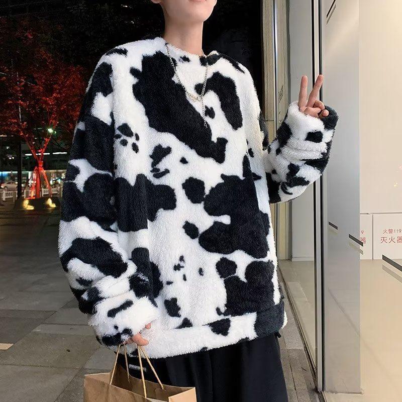 Cow Print  Crew Neck Oversized Sweatshirt Product Image