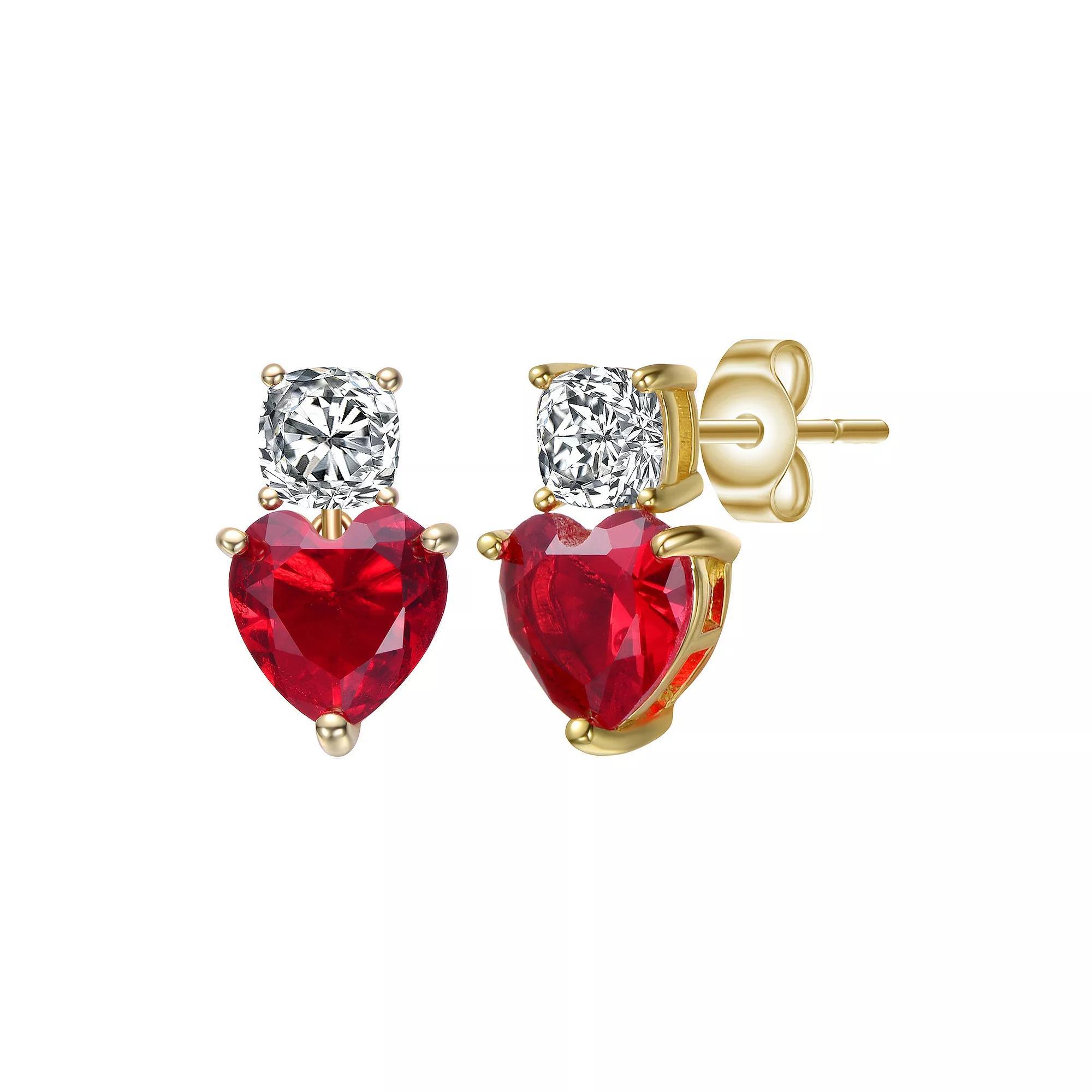 Gold Tone Cubic Zirconia Two-Stone Heart Earrings, Womens, Red Product Image
