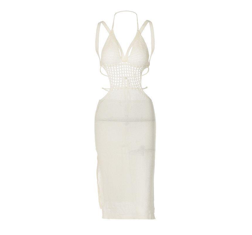 Sleeveless V-Neck Crochet Knit Slit Midi Dress Product Image