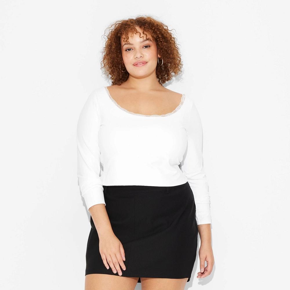 Women's Long Sleeve Lace Trim Open Back Top - Wild Fable™ White 2X Product Image