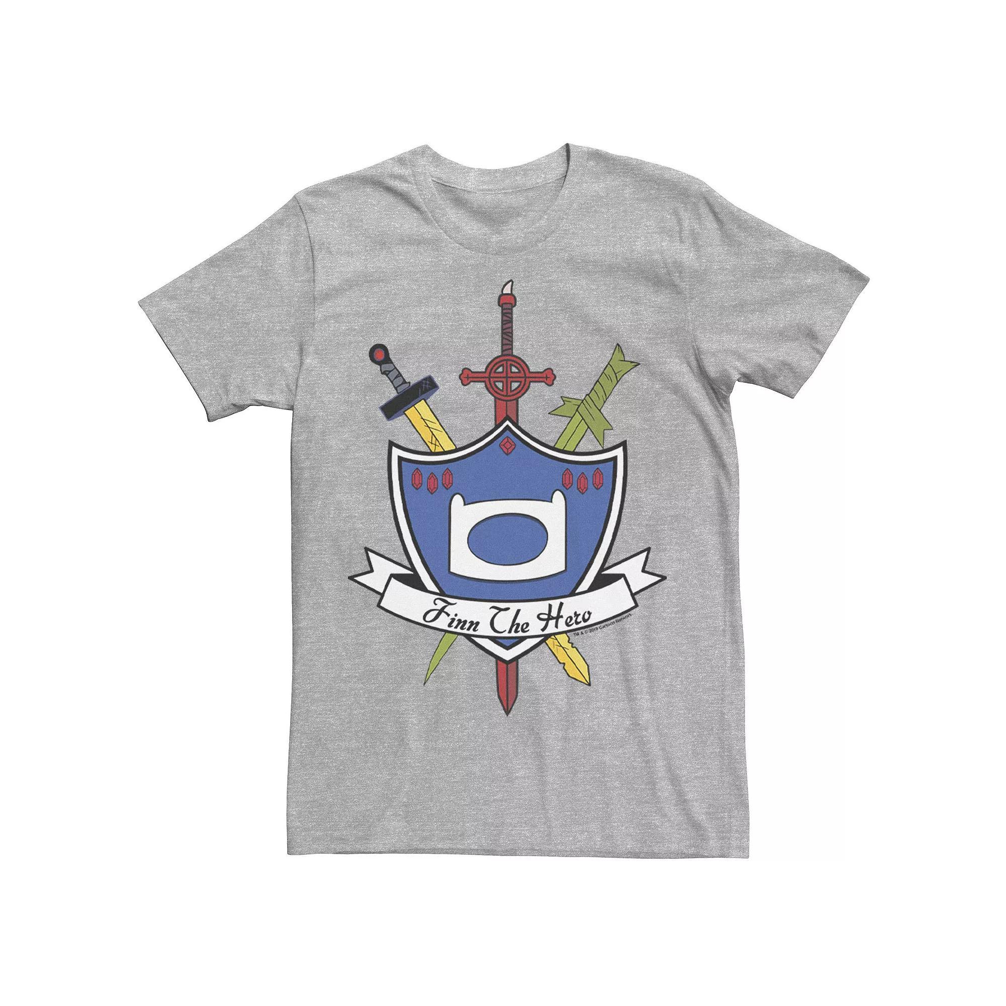 Men's Adventure Time Finn The Hero Sword And Shield Banner Tee, Size: 3XL, Athletic Grey Product Image