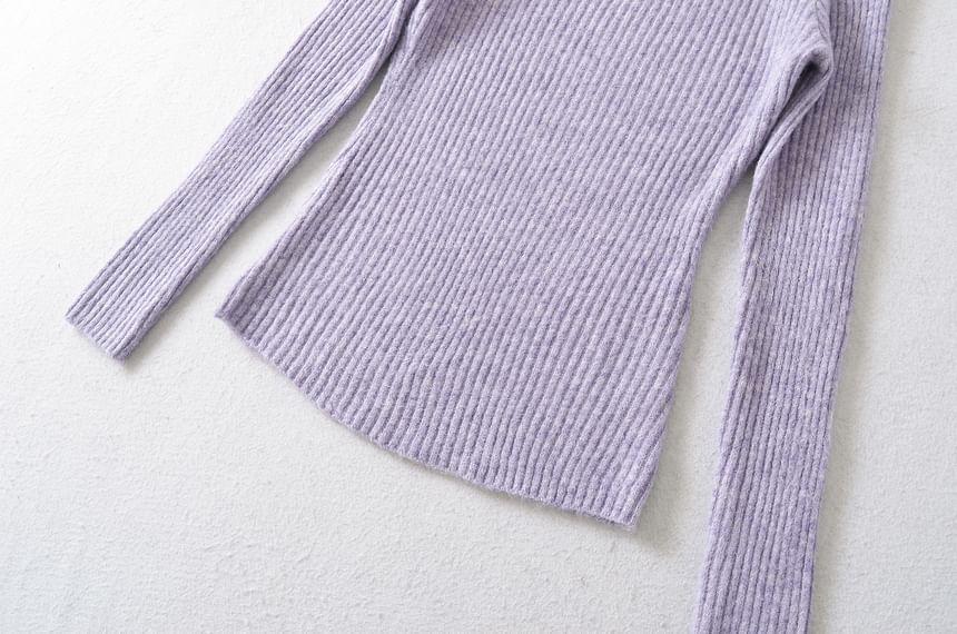Off-Shoulder Long-Sleeve Plain Ribbed Knit Top Product Image