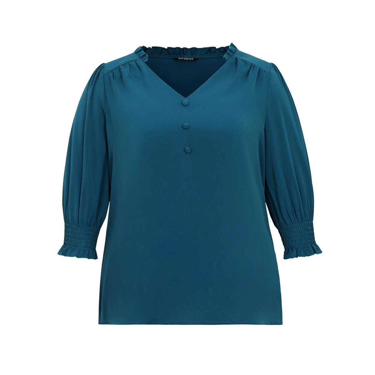 Plus Size Aegean Anti-Wrinkle Gathered Shirred Frill Trim Blouse Women Office Half Sleeve V-neck Work Blouses BloomChic 10/M Product Image