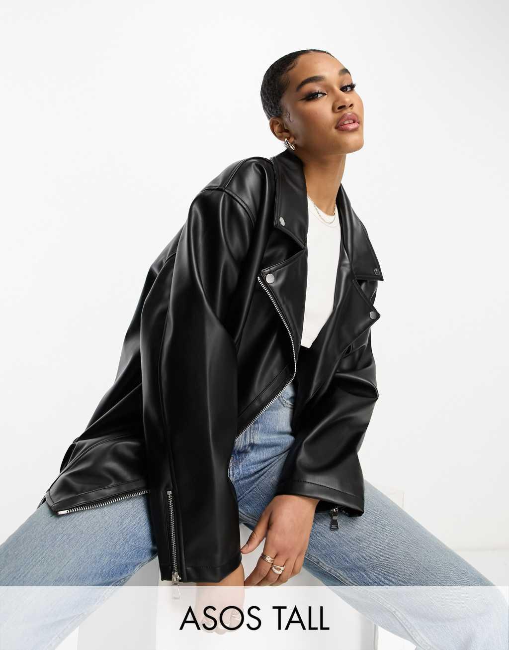 ASOS DESIGN Tall longline oversized faux leather biker jacket Product Image