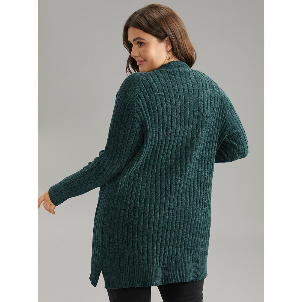 Plus Size Plisse Solid Patched Pocket Cardigan Cyan Women Casual Loose Long Sleeve Everyday Cardigans BloomChic 18-20/2X Product Image