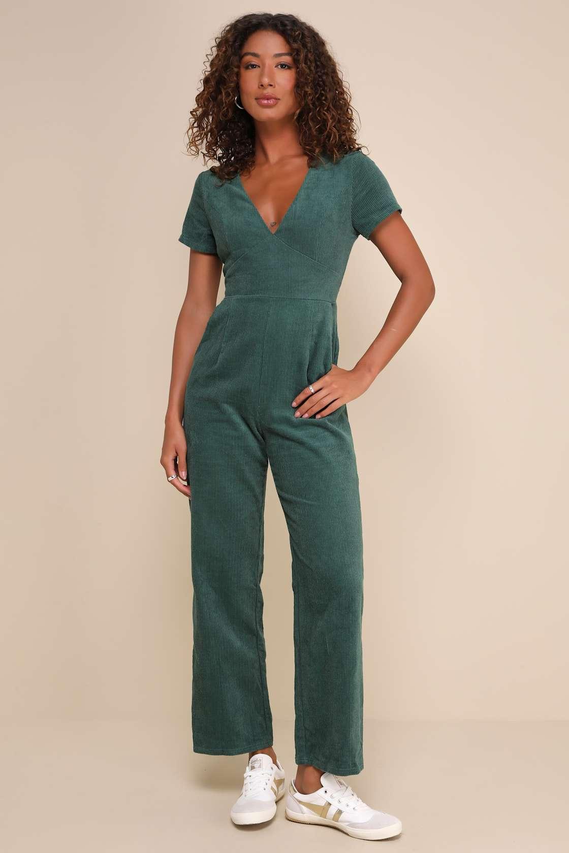 Absolute Cutest Dark Green Corduroy Short Sleeve Jumpsuit Product Image