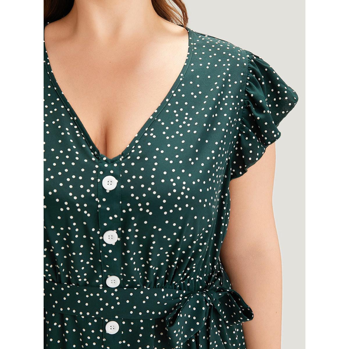 Plus Size Polka Dot Flutter Trim Button Detail Belted Dress Teal Women Office Belted V-neck Sleeveless Curvy Midi Dress BloomChic 22-24/3X Product Image