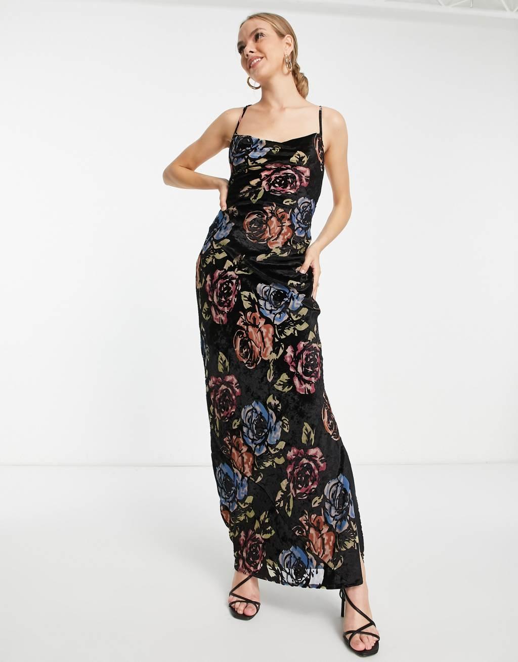 ASOS DESIGN velvet devore slip maxi dress with lace up back Product Image