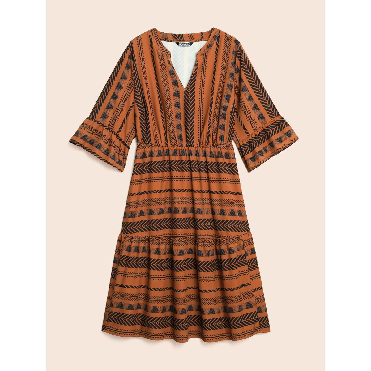 Plus Size Notched Bandana Geometric Ruffle Sleeve Dress Yellowishbrown Women Resort Ruffles Flat collar with V-notch Elbow-length sleeve Curvy BloomChic 10/M Product Image