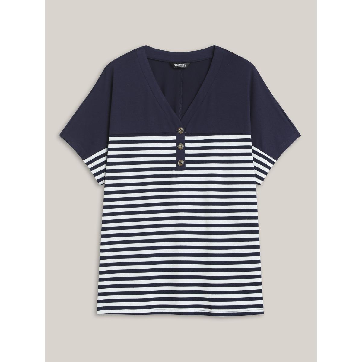 Plus Size Stretchy Striped Button Front T-Shirt Indigo Women Casual Contrast V-neck Everyday T-shirts BloomChic 12/L Product Image