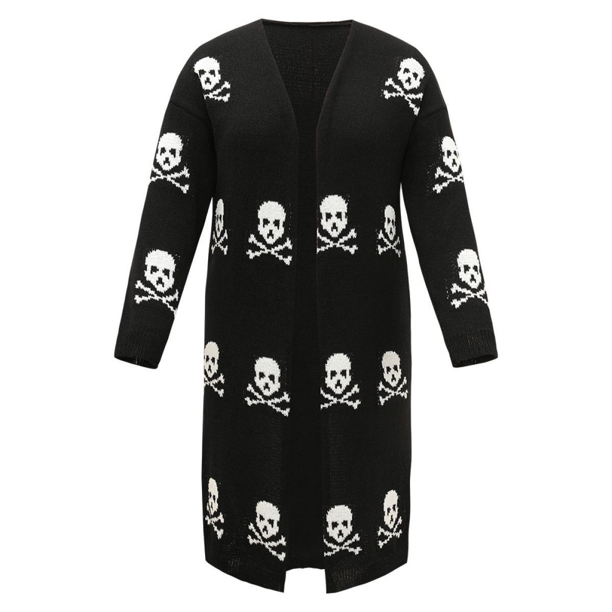 Plus Size Halloween Skull Print Split Side Drop Shoulder Maxi Cardigan Black Women Casual Loose Long Sleeve Festival-Halloween Cardigans BloomChic 14-16/1X Product Image