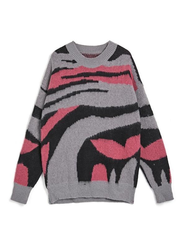 Contrast Color Irregular Jacquard Crew Neck Sweater Product Image