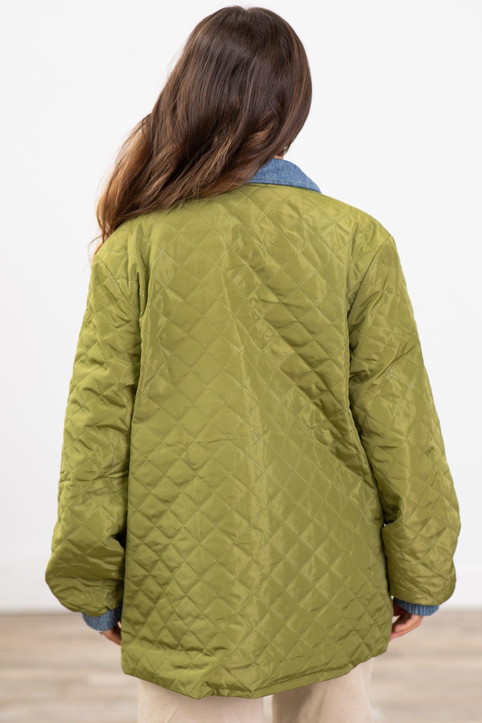 Olive Quilted Jacket With Denim Trim Detail Product Image