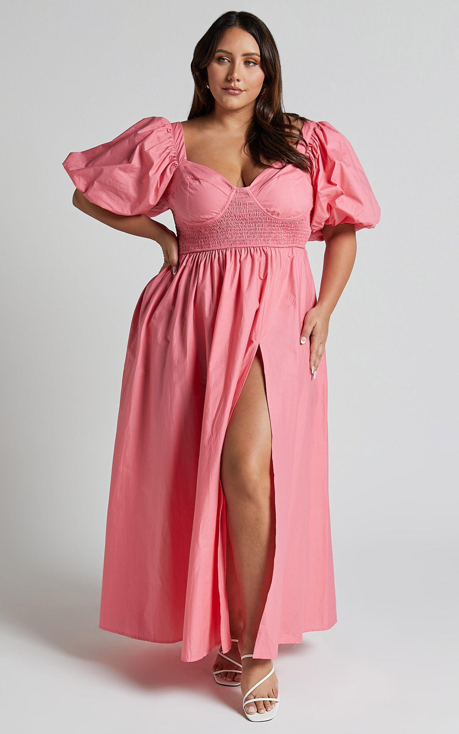 Raiza Midi Dress - Shirred Waist Puff Sleeve Dress in Coral Pink Product Image