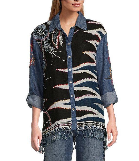 John Mark Embroidered Scarf Jacquard Point Collar Long Roll-Tab Sleeve Button Front Blouse Product Image
