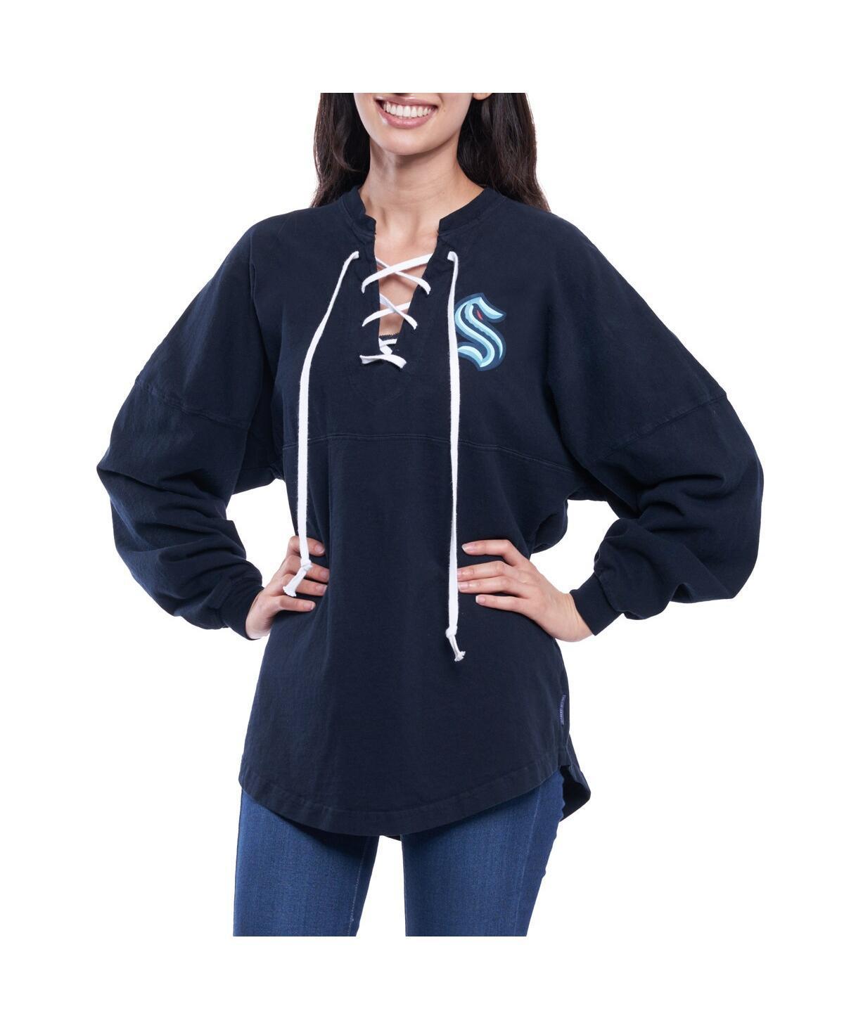 Women's Fanatics Branded Navy Seattle Kraken Lace Up Long Sleeve Spirit Top, Size: Medium, Krk Blue Product Image