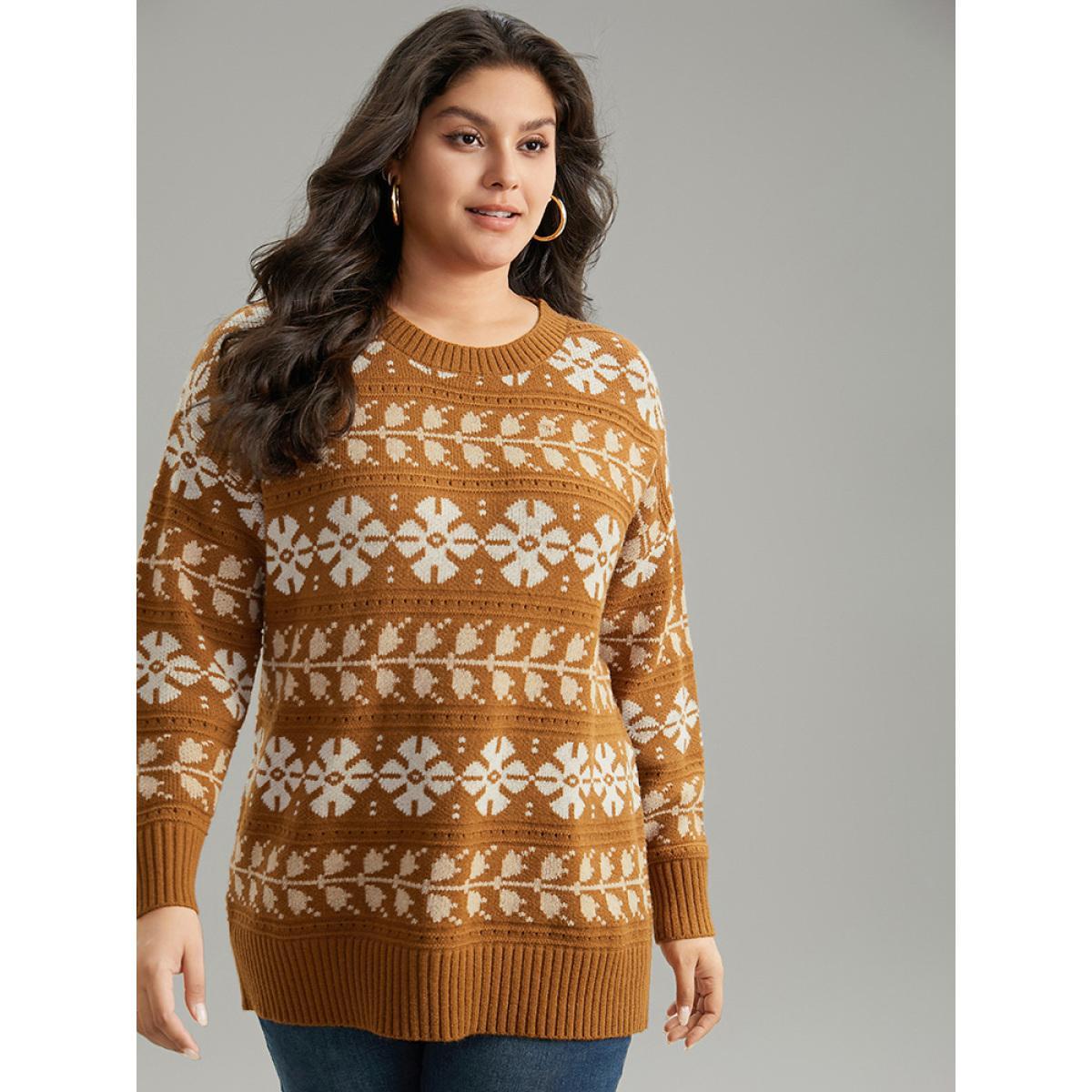 Plus Size Supersoft Essentials Anti-Pilling Geo Print Elastic Cuffs Pullover Chocolate Women Casual Loose Long Sleeve Round Neck Dailywear Pullovers BloomChic 22-24/3X Product Image