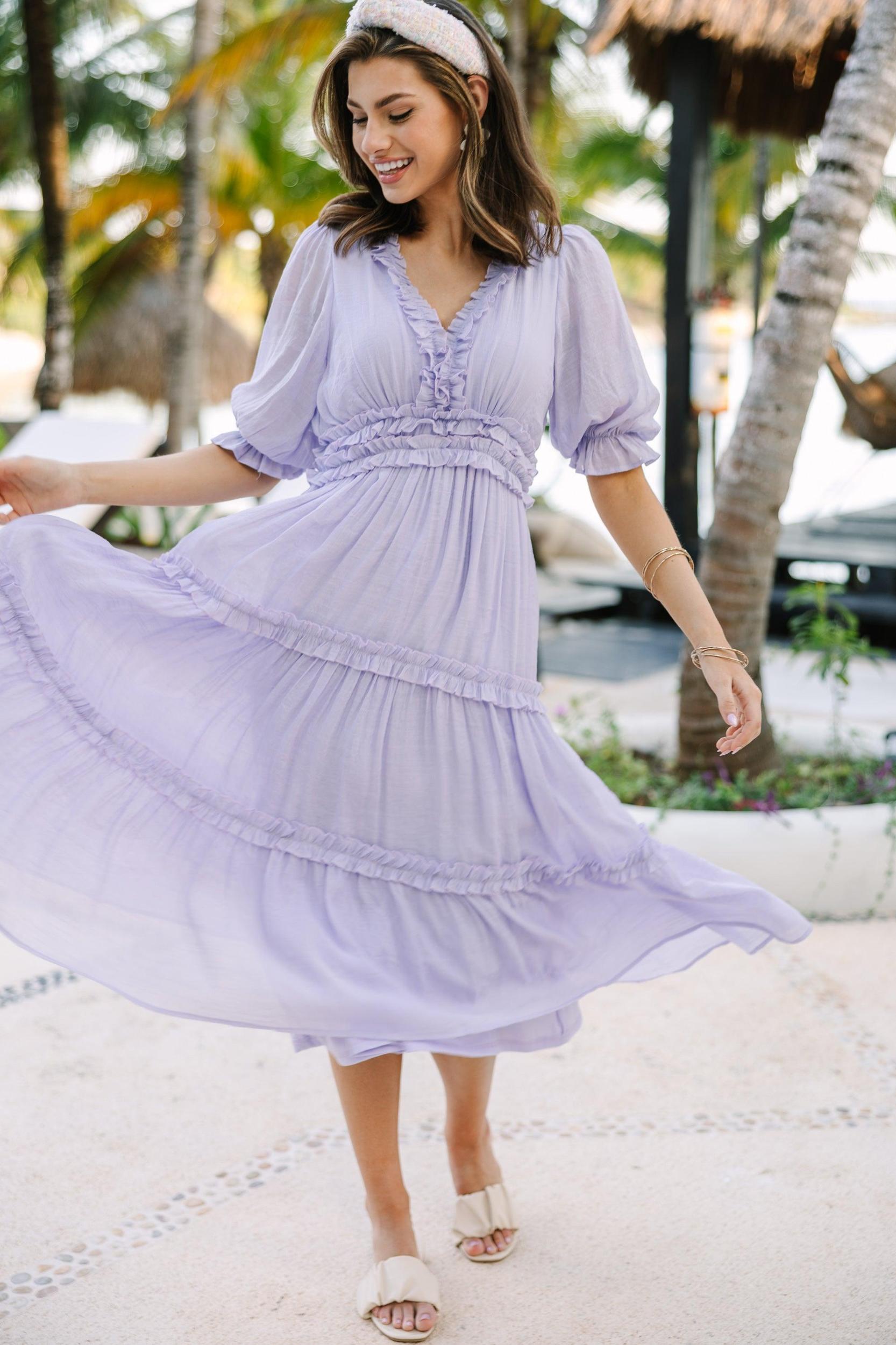 Living In A Dream Lavender Purple Ruffled Midi Dress Female Product Image
